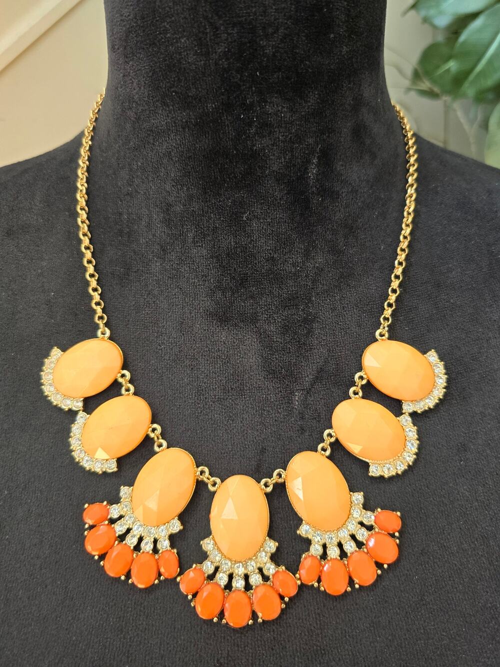 Orange Gold Tone Rhinestone Teardrop Bib Statement Necklace